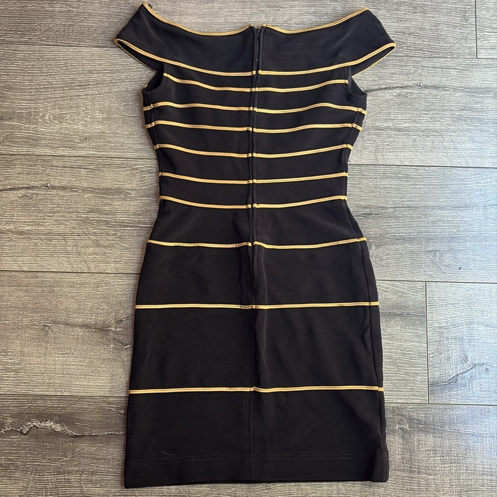 Tadashi Shoji Bodycon Gold And Black Scuba Knit Mini Dress, NWT - Picture 3 of 7